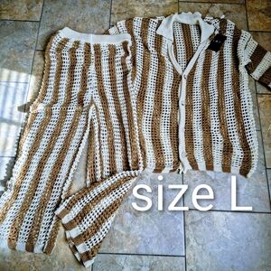 Striped Crochet Cover UP Cardigan and Pants Set - Size L Tan Beige Separates NWT